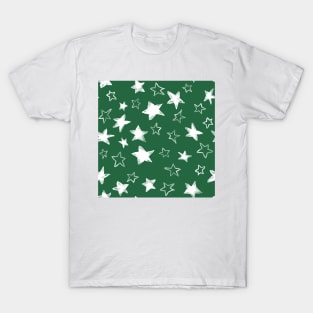 Holiday christmas watercolor white stars over emerald green background T-Shirt